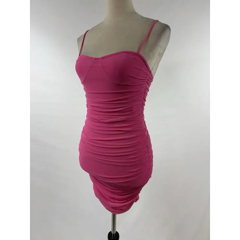 Superdown Emme Mini Dress Bright Bubblegum Pink XS Mesh Bodycon Ruched  Shirred